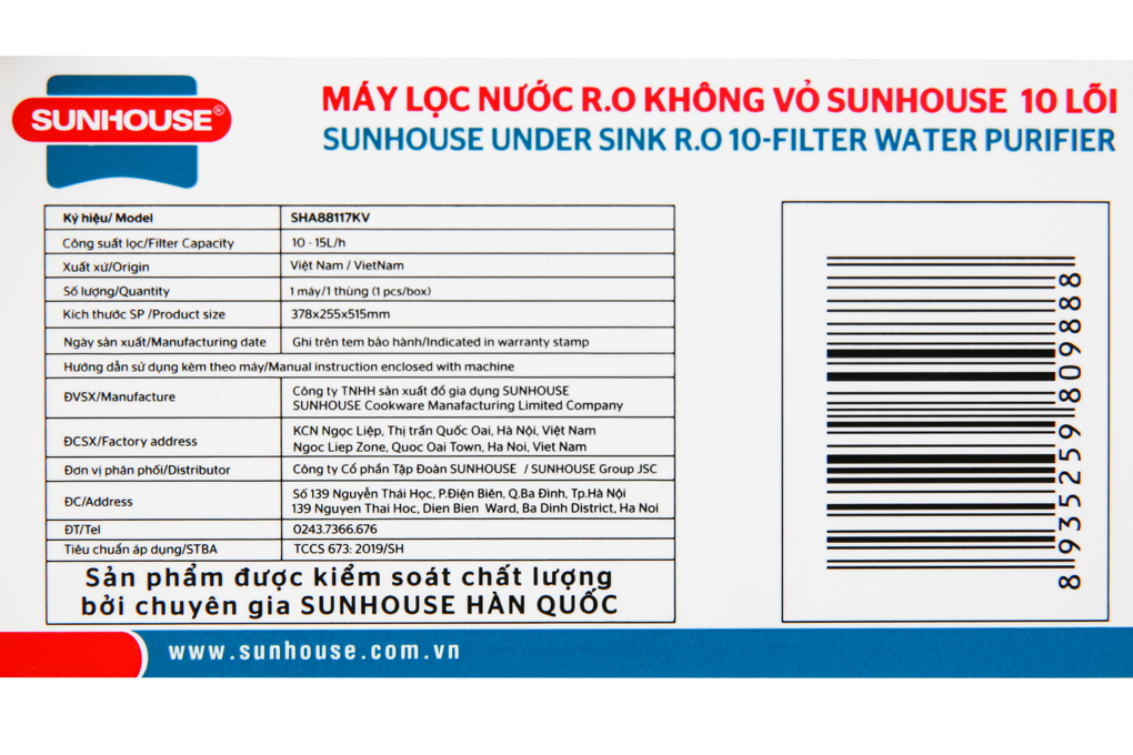 Máy lọc nước RO Sunhouse SHA88117KV 10 lõi Màu Trắng