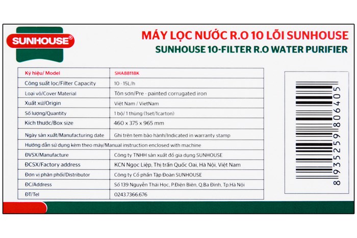 Máy lọc nước RO Sunhouse SHA88118K 10 lõi Màu Đen