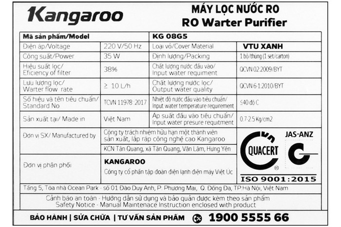 Máy lọc nước RO Kangaroo KG08G5VTU 8 lõi Màu Đen - Xám