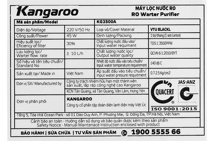 Máy lọc nước RO lọc nước mặn, nước lợ Kangaroo KG3500AVTU 10 lõi Màu Đen - Xám