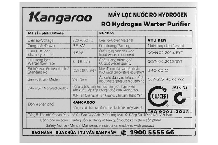 Máy lọc nước RO Hydrogen Kangaroo KG10G5VTU 10 lõi Màu Đen - Xám