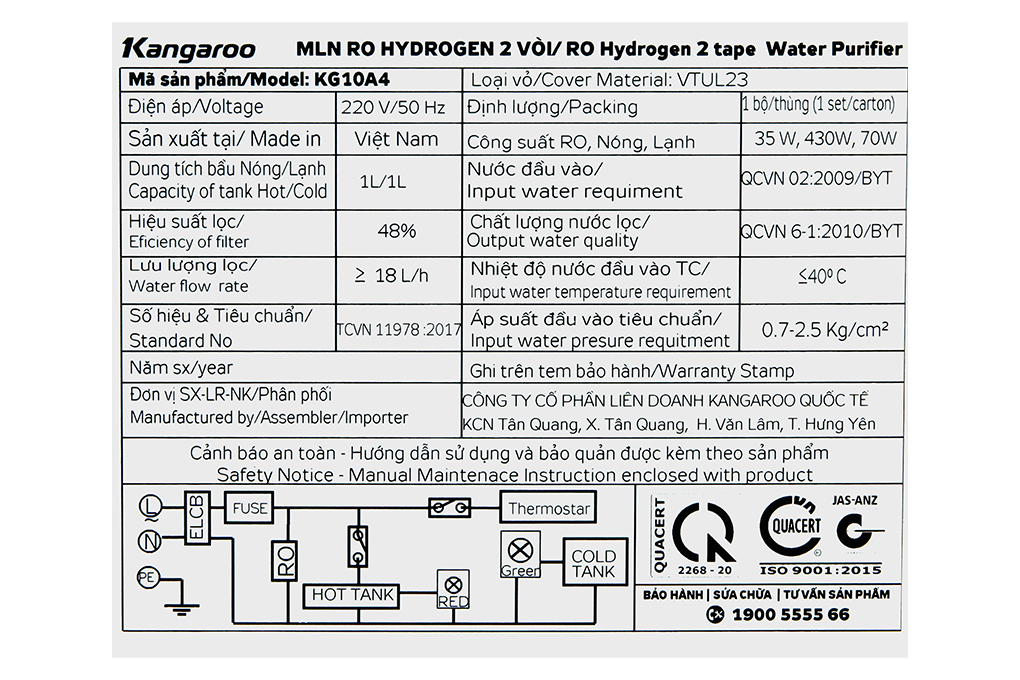 Máy lọc nước RO nóng nguội lạnh Hydrogen Kangaroo KG10A4VTU 10 lõi Màu Đen - Xám