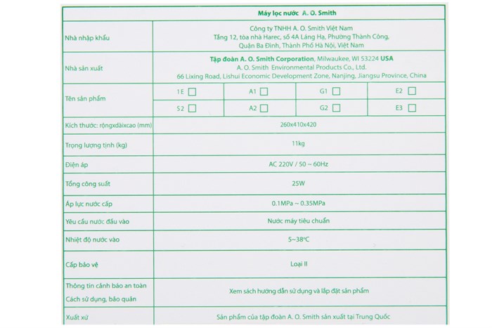 Máy lọc nước RO AOSmith E2 5 lõi Màu Trắng