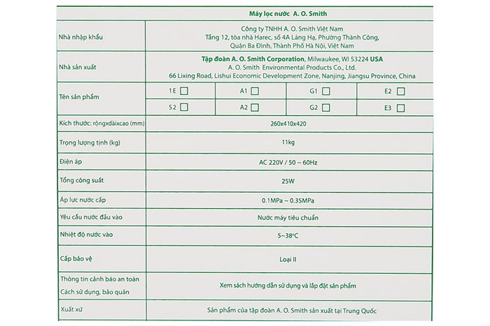 Máy lọc nước RO Aosmith E3 5 lõi Màu Trắng