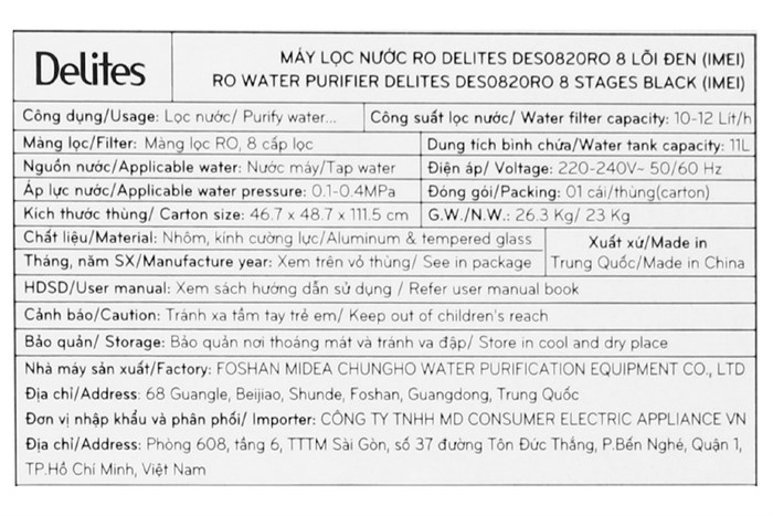 Máy lọc nước R.O Delites DES0820RO 8 lõi Màu Đen