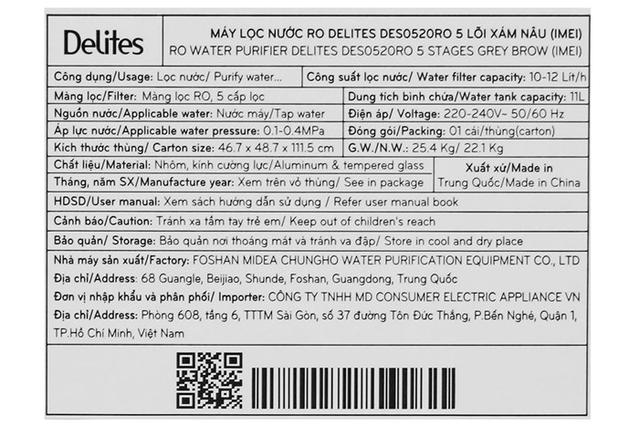 Máy lọc nước R.O Delites DES0520RO 5 lõi Màu Xám
