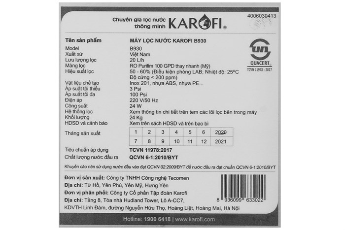 Máy lọc nước RO Karofi B930 9 lõi Màu Trắng - Đen