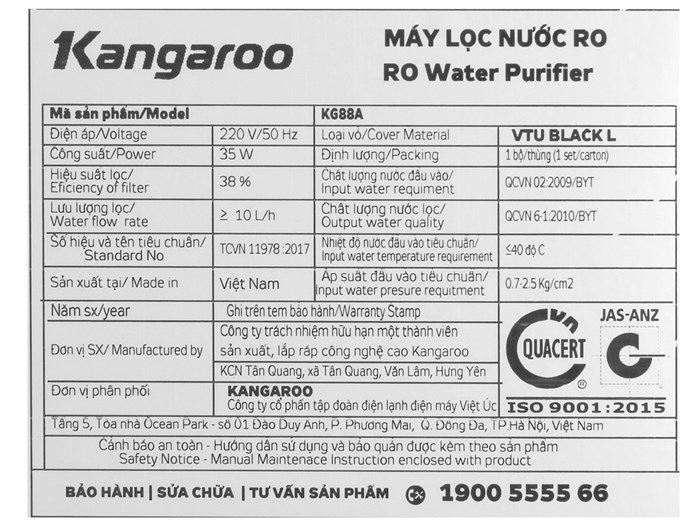 Máy lọc nước RO Kangaroo KG88AVTU 7 lõi Màu Đen - Bạc