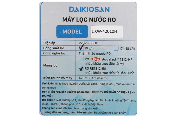 Máy lọc nước RO Daikiosan DXW-42010H 10 lõi Màu Đen