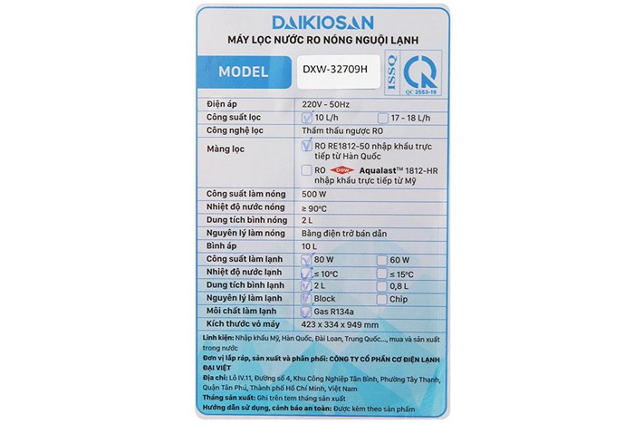 Máy lọc nước RO nóng nguội lạnh Daikiosan DXW-32709H 9 lõi Màu Đen