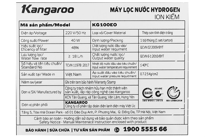 Máy lọc nước RO Hydrogen Kangaroo KG100EO 7 lõi Màu Trắng