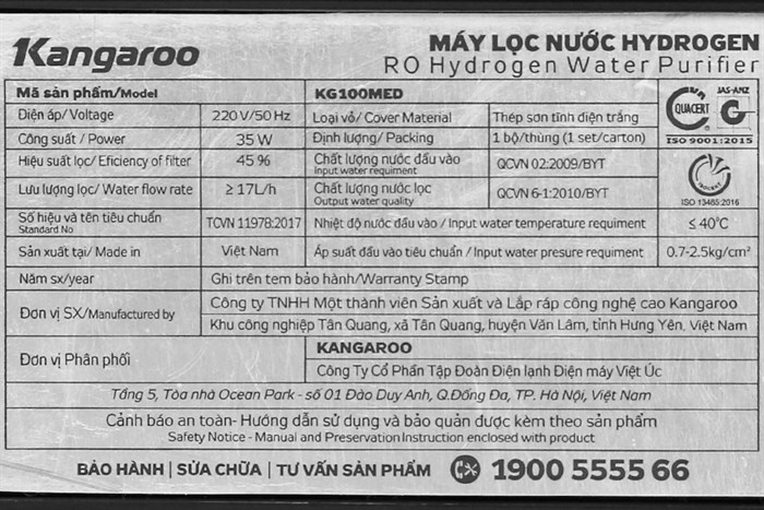 Máy lọc nước RO Hydrogen Kangaroo KG100MED 5 lõi Màu Đen