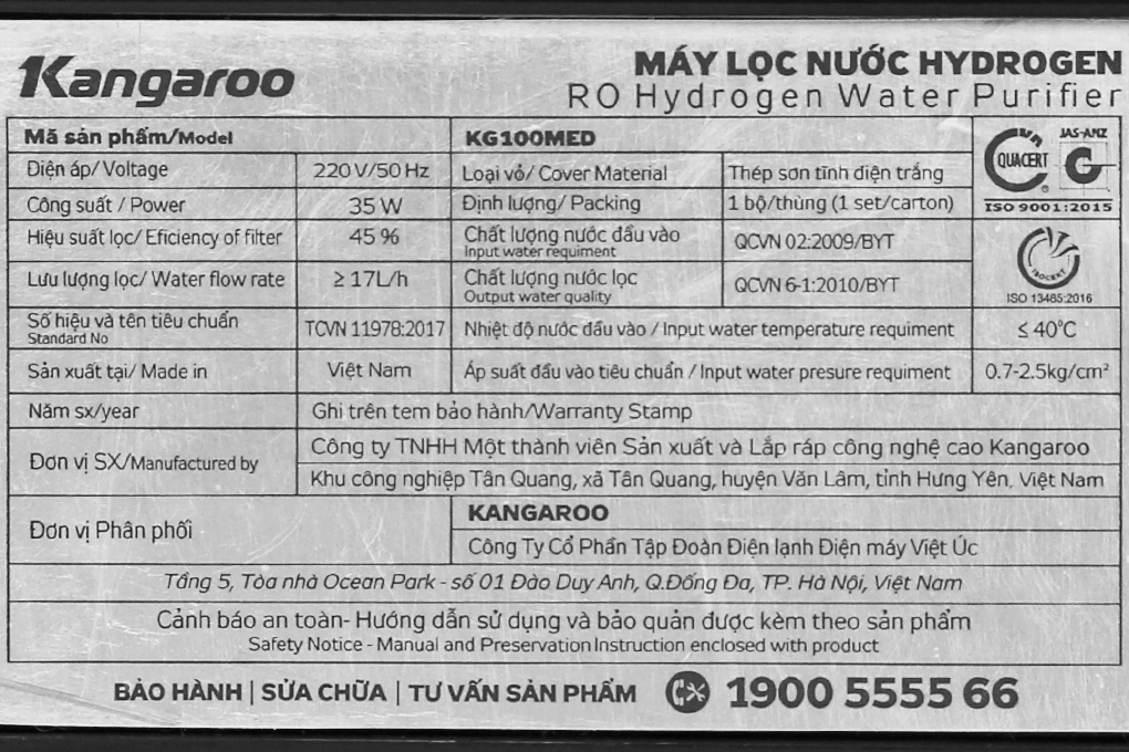 Máy lọc nước RO Hydrogen Kangaroo KG100MED 5 lõi Màu Đen