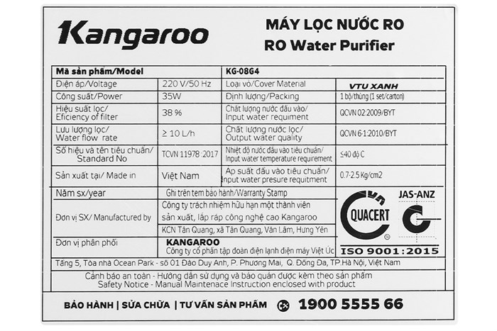 Máy lọc nước RO Kangaroo KG08G4 VTU 8 lõi Màu Đen - Xám