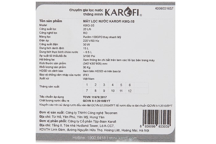 Máy lọc nước RO Karofi K9IQ-3S 9 lõi Màu Trắng - Đen