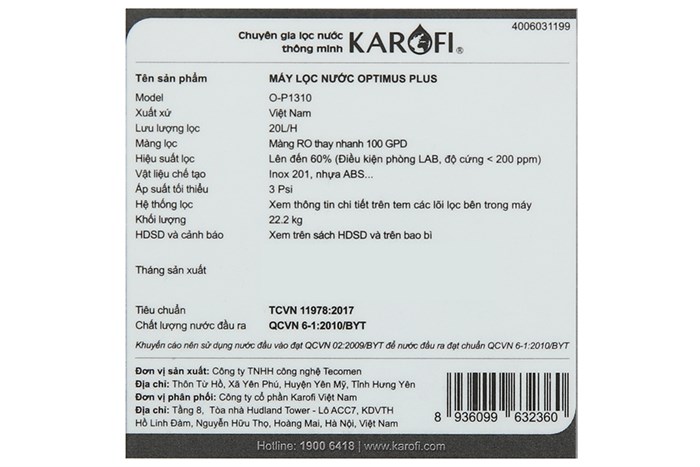 Máy lọc nước RO Karofi Optimus Plus O-P1310 10 lõi Màu Trắng - Đen