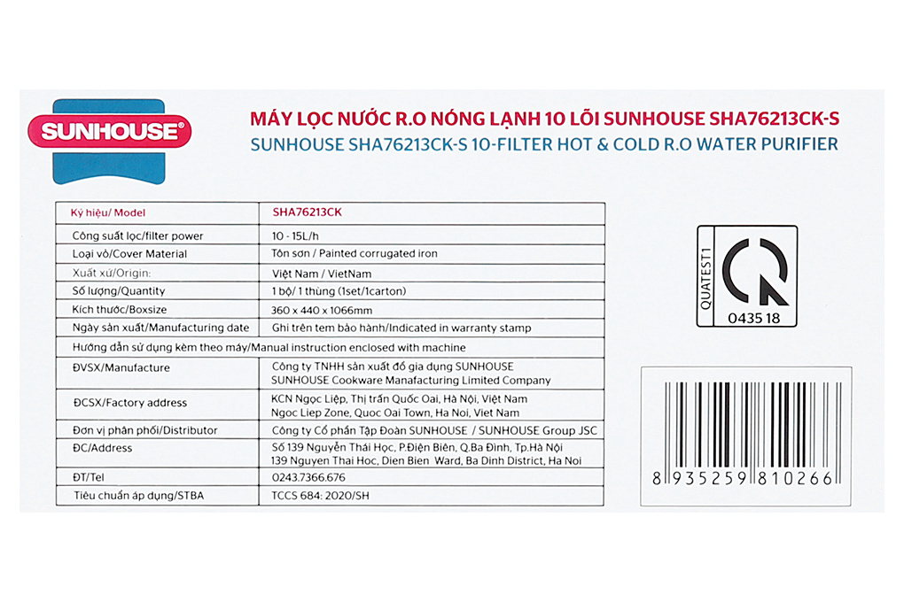 Máy lọc nước RO nóng nguội lạnh Sunhouse SHA76213CK 10 lõi Màu Xanh Dương