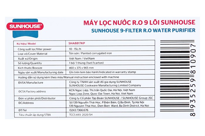 Máy lọc nước RO Sunhouse SHA8817KP 9 lõi Màu Xám