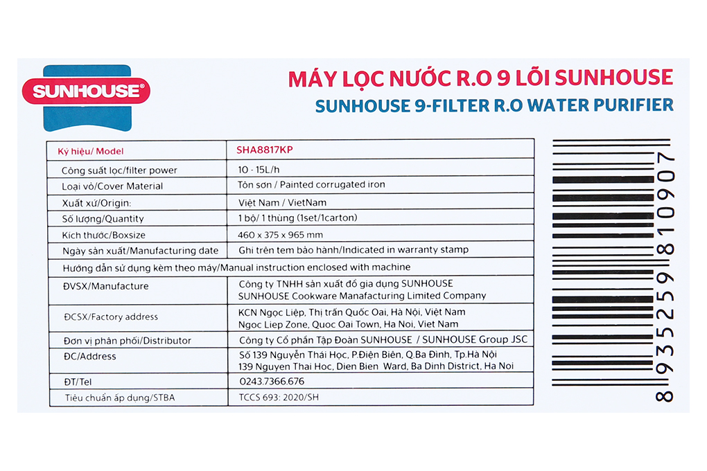 Máy lọc nước RO Sunhouse SHA8817KP 9 lõi Màu Xám