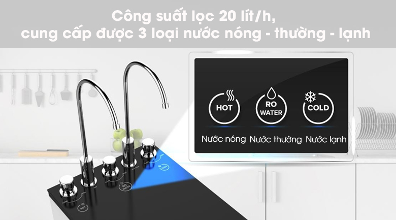 Máy lọc nước RO nóng nguội lạnh Karofi Optimus Duo O-D138 7 lõi KG - Công suất lọc 20 lít/h, cung cấp 3 loại nước nóng, nước thường và nước lạnh