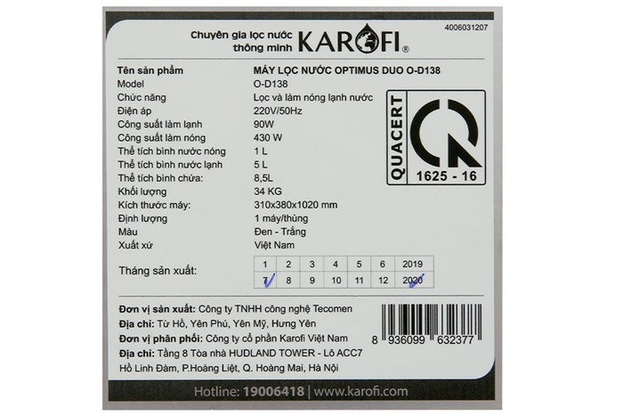 Máy lọc nước RO nóng nguội lạnh Karofi Optimus Duo O-D138 7 lõi Màu Trắng - Đen