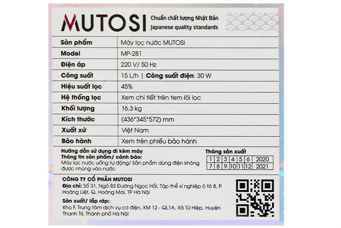 Máy lọc nước RO Mutosi MP-281 8 lõi Màu Trắng