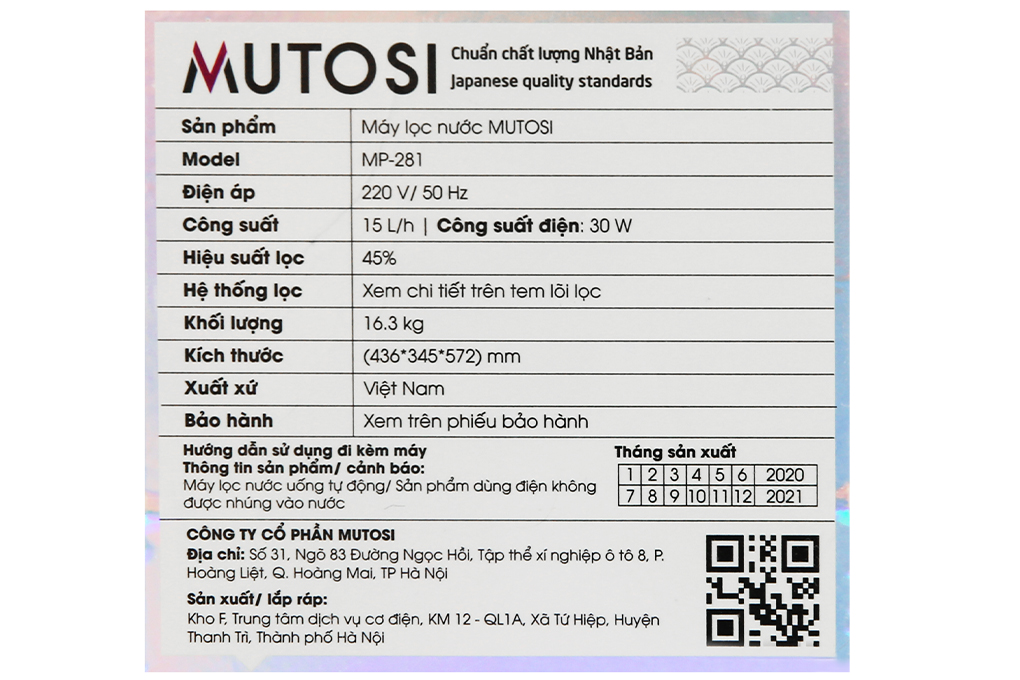Máy lọc nước RO Mutosi MP-281 8 lõi Màu Trắng