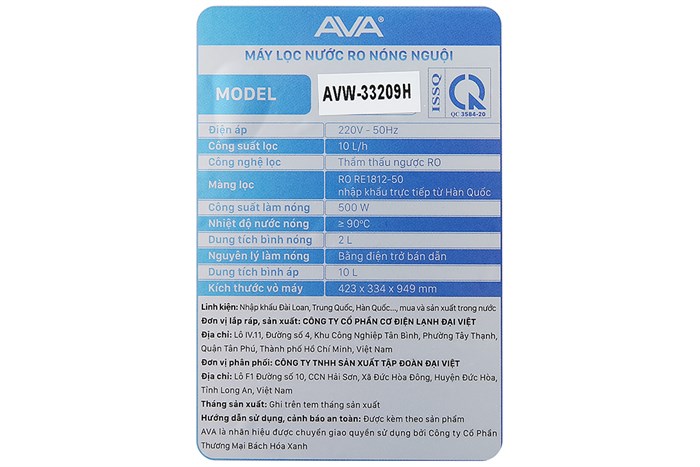 Máy lọc nước RO nóng nguội AVA AVW-33209H 9 lõi Màu Đen