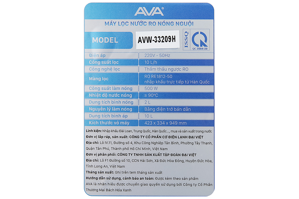 Siêu thị máy lọc nước RO nóng nguội Ava AVW-33209H 9 lõi