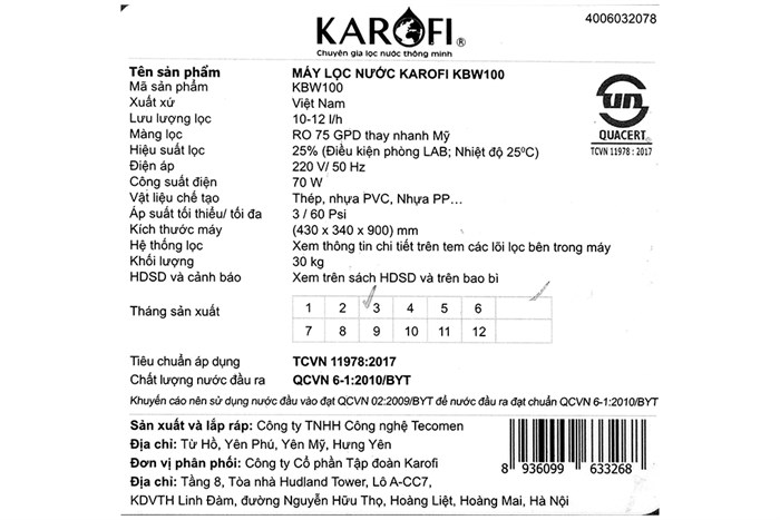 Máy lọc nước RO nước mặn, nước lợ Karofi KBW-100 10 lõi Màu Đen