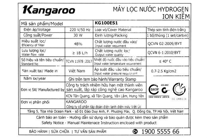 Máy lọc nước RO Hydrogen Kangaroo KG100ES1 5 lõi Màu Trắng - Đen