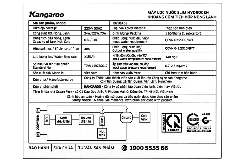Siêu thị máy lọc nước RO nóng nguội lạnh hydrogen Kangaroo KG10A6S 7 lõi