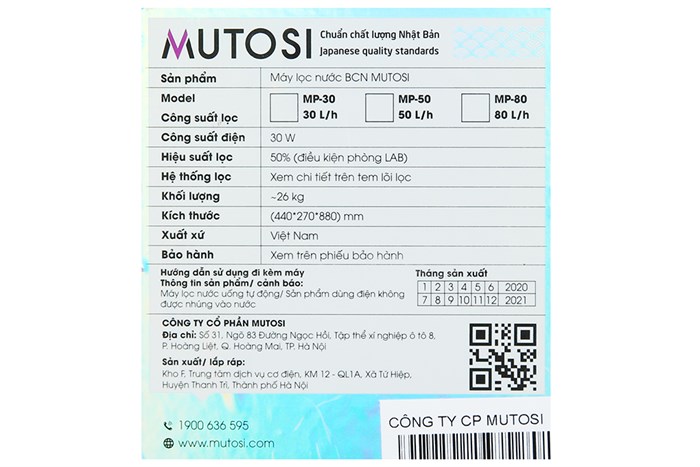 Máy lọc nước RO bán công nghiệp Mutosi MP-50 8 lõi Màu Trắng