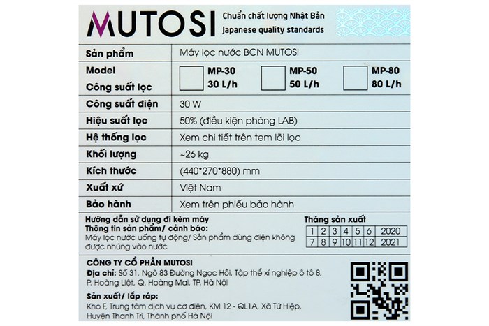 Máy lọc nước RO bán công nghiệp Mutosi MP-80 9 lõi Màu Trắng