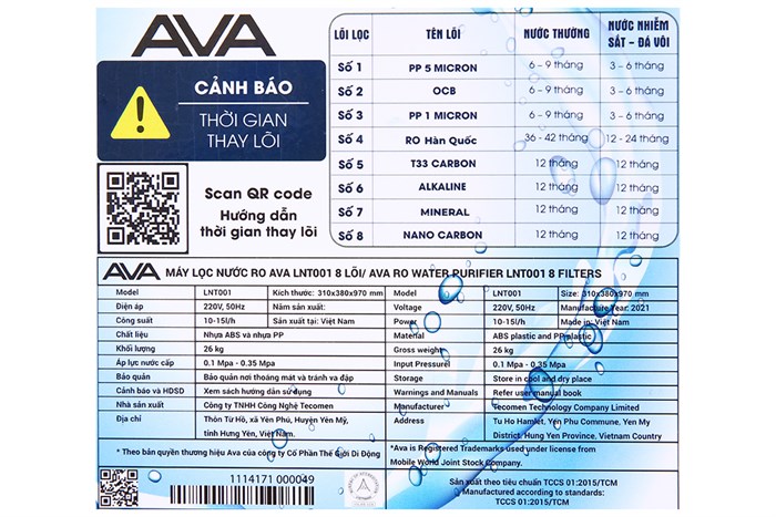 Máy lọc nước RO AVA LNT001 8 lõi Màu Đen