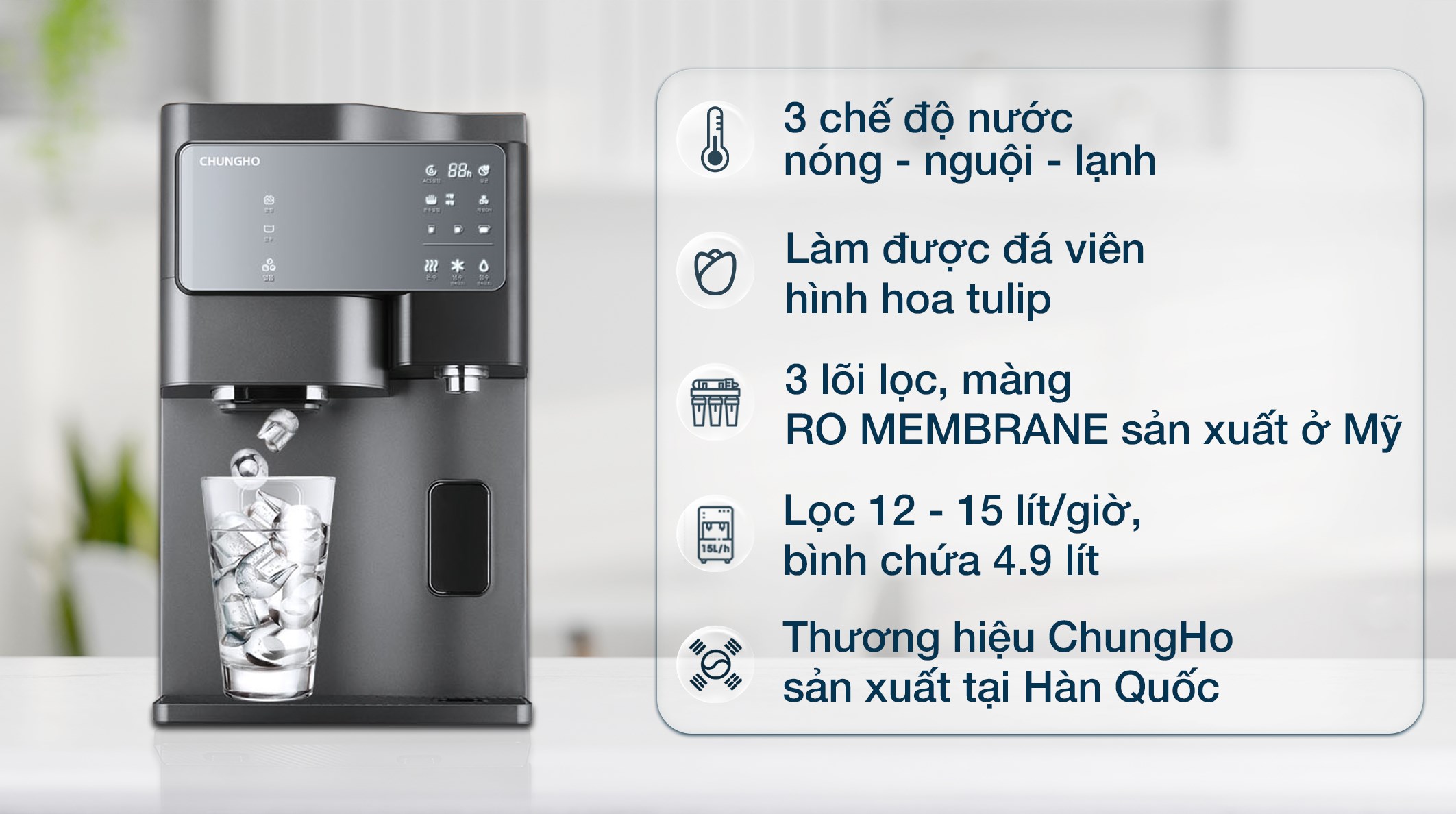 Máy lọc nước RO nóng nguội lạnh, làm đá ChungHo GWI-60C9560M 3 lõi