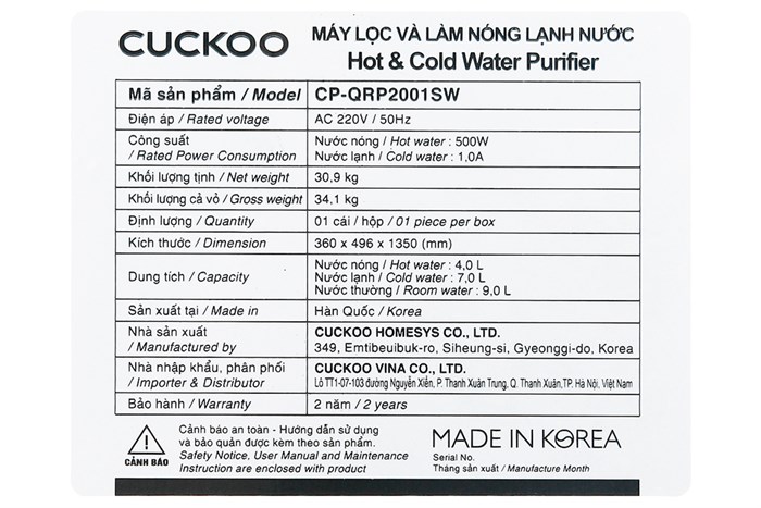 Máy lọc nước RO nóng lạnh Cuckoo CP-QRP2001SW 4 lõi Màu Trắng - Xám
