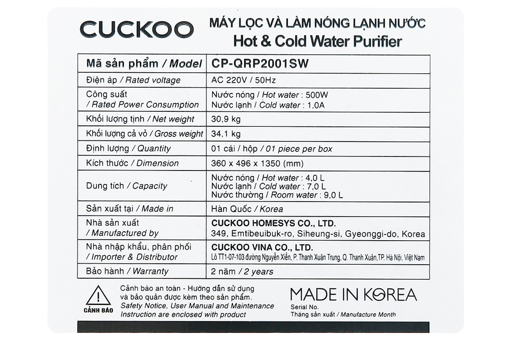 Máy lọc nước RO nóng nguội lạnh Cuckoo CP-QRP2001SW 4 lõi