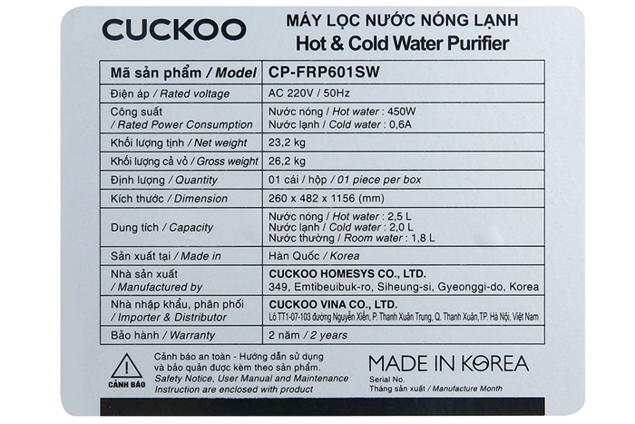 Máy lọc nước RO nóng nguội lạnh Cuckoo CP-FRP601SW 4 lõi Màu Trắng - Xám