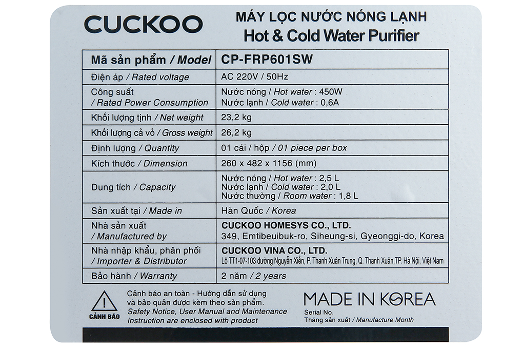 Máy lọc nước RO nóng nguội lạnh Cuckoo CP-FRP601SW 4 lõi