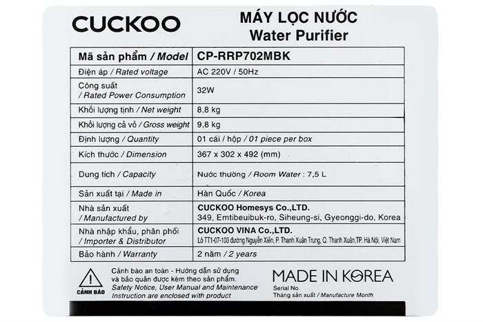 Máy lọc nước RO Cuckoo CP-RRP702MBK 4 lõi Màu Trắng - Đen