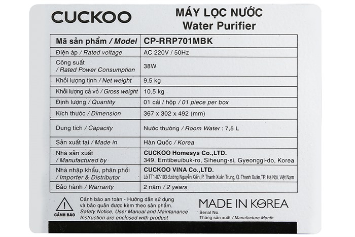 Máy lọc nước RO Cuckoo CP-RRP701MBK 4 lõi Màu Trắng - Đen
