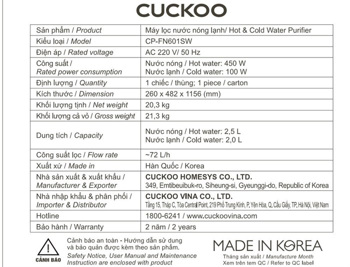 Máy lọc nước Nano nóng lạnh Cuckoo CP-FN601HW 4 lõi Màu Trắng - Đen