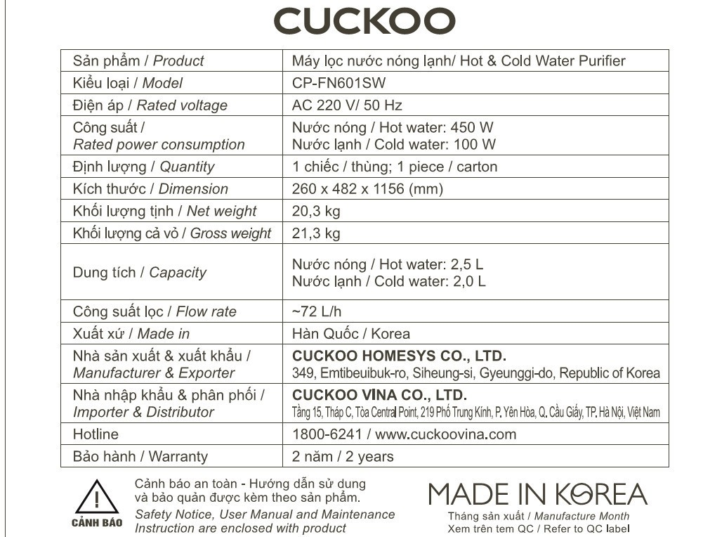 Máy lọc nước Nano nóng lạnh Cuckoo CP-FN601HW 4 lõi Màu Trắng - Đen
