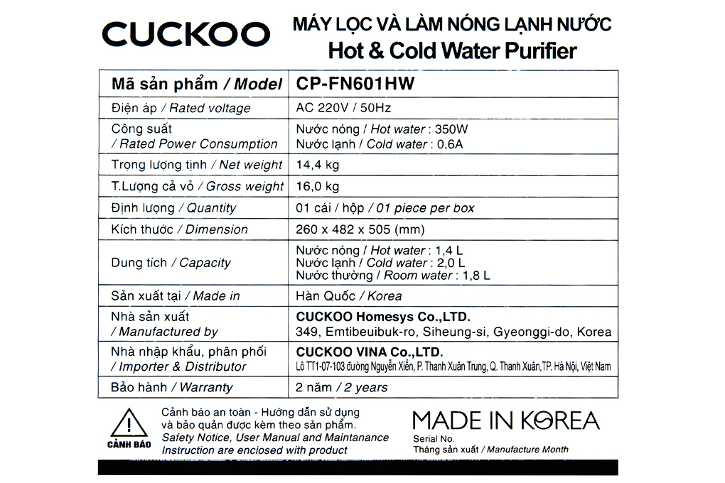 Siêu thị máy lọc nước Nano nóng nguội lạnh Cuckoo CP-FN601HW 4 lõi