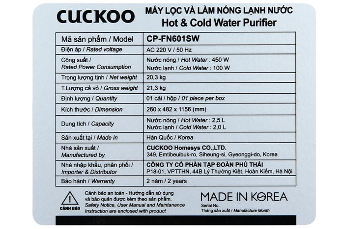 Máy lọc nước Nano nóng lạnh Cuckoo CP-FN601SW 4 lõi Màu Trắng