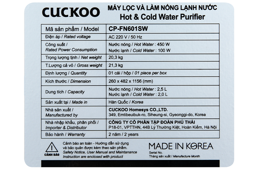 Siêu thị máy lọc nước Nano nóng nguội lạnh Cuckoo CP-FN601SW 4 lõi