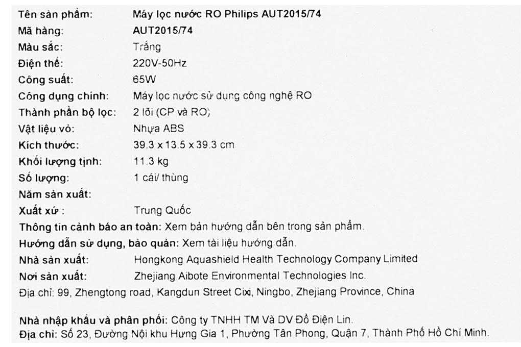 Máy lọc nước RO Philips AUT2015/74 2 lõi Màu Trắng