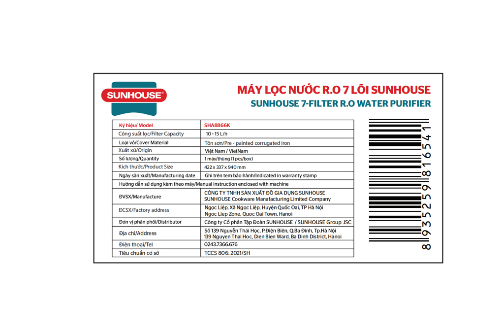 Máy lọc nước RO Sunhouse SHA8866K 7 lõi Màu Đen