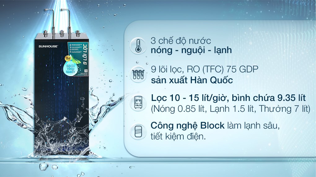 Máy lọc nước RO nóng nguội lạnh Sunhouse SHA76215CK 9 lõi